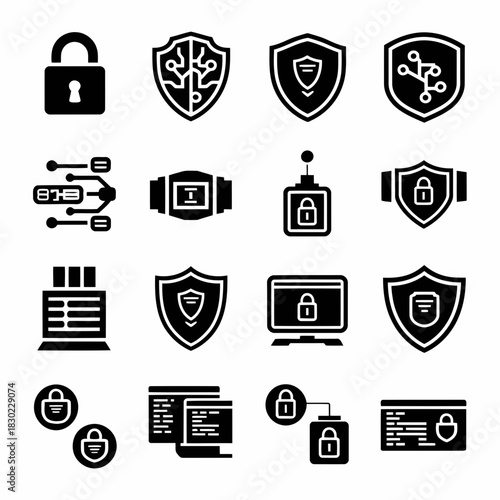 Collection of security and privacy icons including padlocks, shields, and network symbols for digital protection