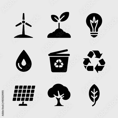 Set of nine black icons representing renewable energy, sustainability, and ecofriendly concepts isolated on