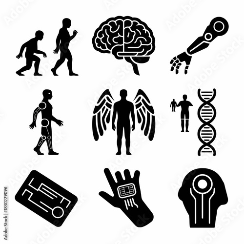 Collection of icons representing human evolution, brain, dna, robotics, and futuristic technology concepts