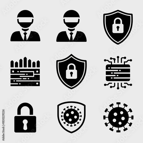 Security icons set including cybersecurity, data protection, and privacy symbols isolated on