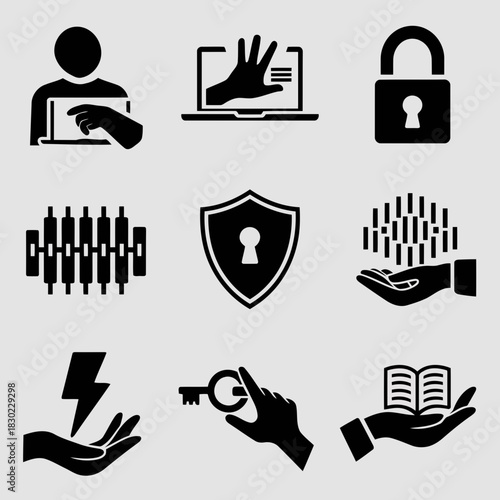 Set of icons representing cybersecurity, data protection, and digital security concepts