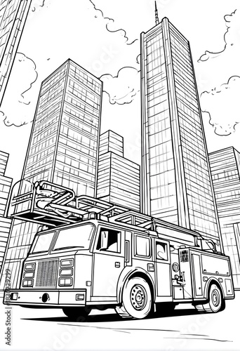 Fire truck with ladder on city street coloring page