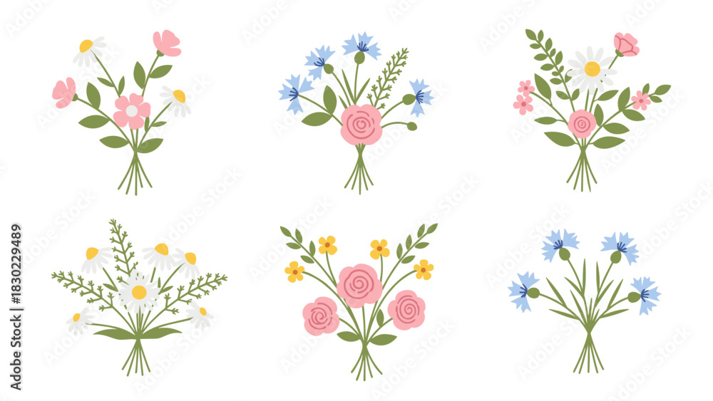 Fototapeta premium Six small bouquets of stylized flowers, including roses, daisies, and cornflowers, tied with string, arranged on a white background.