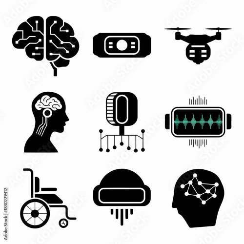Set of icons representing technology, artificial intelligence, and assistive devices including brain, drone, and wheelchair