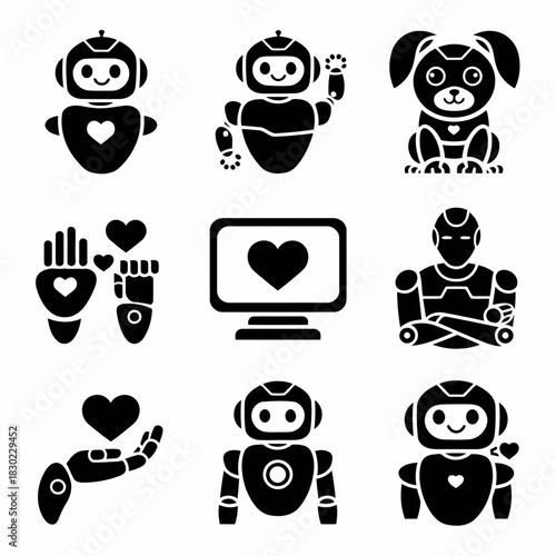 Cute robots and animals with hearts, showing love and affection, in a playful and friendly style, isolated on