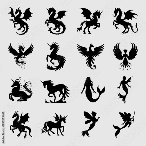 Collection of fantasy creatures including dragons, unicorns, mermaids, and angels in black silhouette style