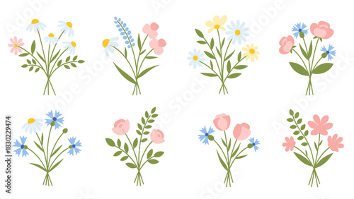 Eight floral bouquets arranged in two rows, featuring daisies, roses, cornflowers, tulips, and lavender, tied with string, on a white background.