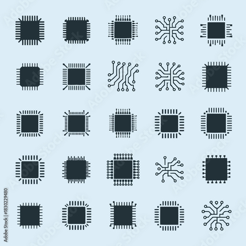 Collection of various microchip and circuit board icons in a grid layout, showcasing different designs and patterns, isolated on