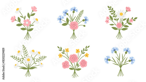Six small bouquets of stylized flowers, including roses, daisies, and cornflowers, tied with string, arranged on a white background.