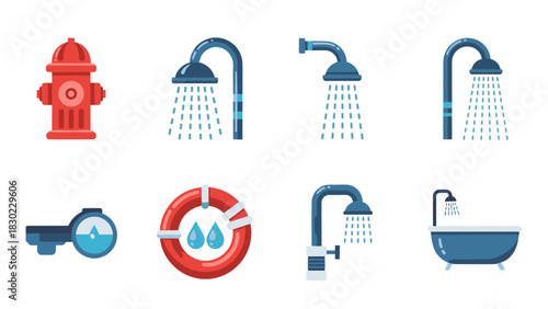 A collection of various water-related icons, including a fire hydrant, showers, and a life preserver.