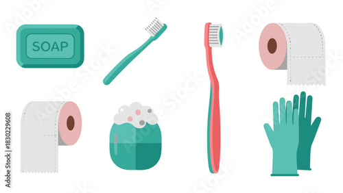 Flat lay illustration of hygiene items: soap, toothbrushes, toilet paper, gloves, and a container with foam.