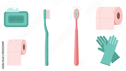 Illustrative depiction of hygiene and cleaning supplies, including soap, toothbrushes, and paper rolls.