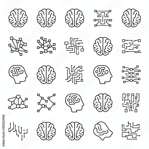 Collection of brain and neural network icons in a minimalist line art style, representing concepts of intelligence and technology