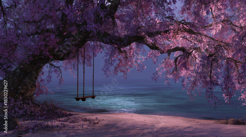A surreal composition features a toilet seat hanging from the branches of an ancient cherry tree overlooking a calm moonlit sea, with beach sand visible in the foreground and a distant island densely 