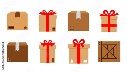 A collection of various illustrated packages, including cardboard shipping boxes, gift boxes with red ribbons, and a wooden crate.