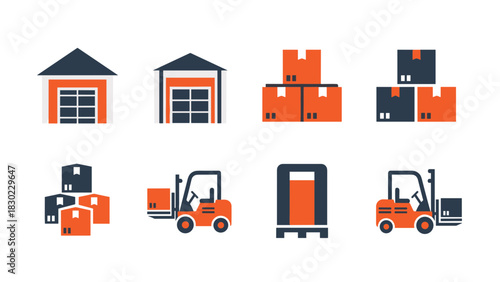 Flat vector icons depicting warehouse buildings, stacked boxes, forklifts, and a pallet, representing logistics and shipping.