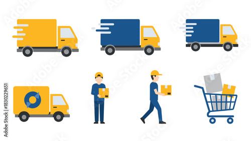 A set of flat vector icons depicting delivery services with fast trucks, couriers carrying boxes, and a shopping cart.