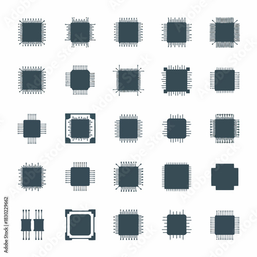 Collection of various integrated circuit chips with pins and connectors, vector illustration