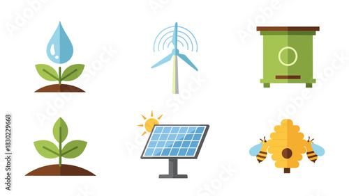 A collection of six flat design icons representing ecology, renewable energy, agriculture, and nature.