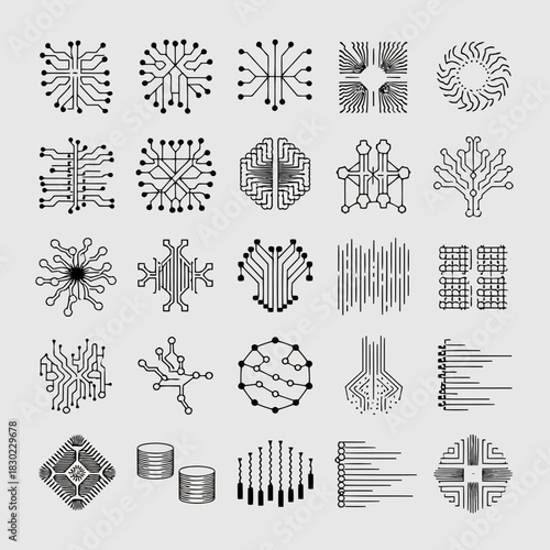 Collection of various geometric patterns and shapes, including dots, lines, and abstract designs, isolated on