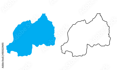 Rwanda country map. Map in various outline and blue silhouette styles