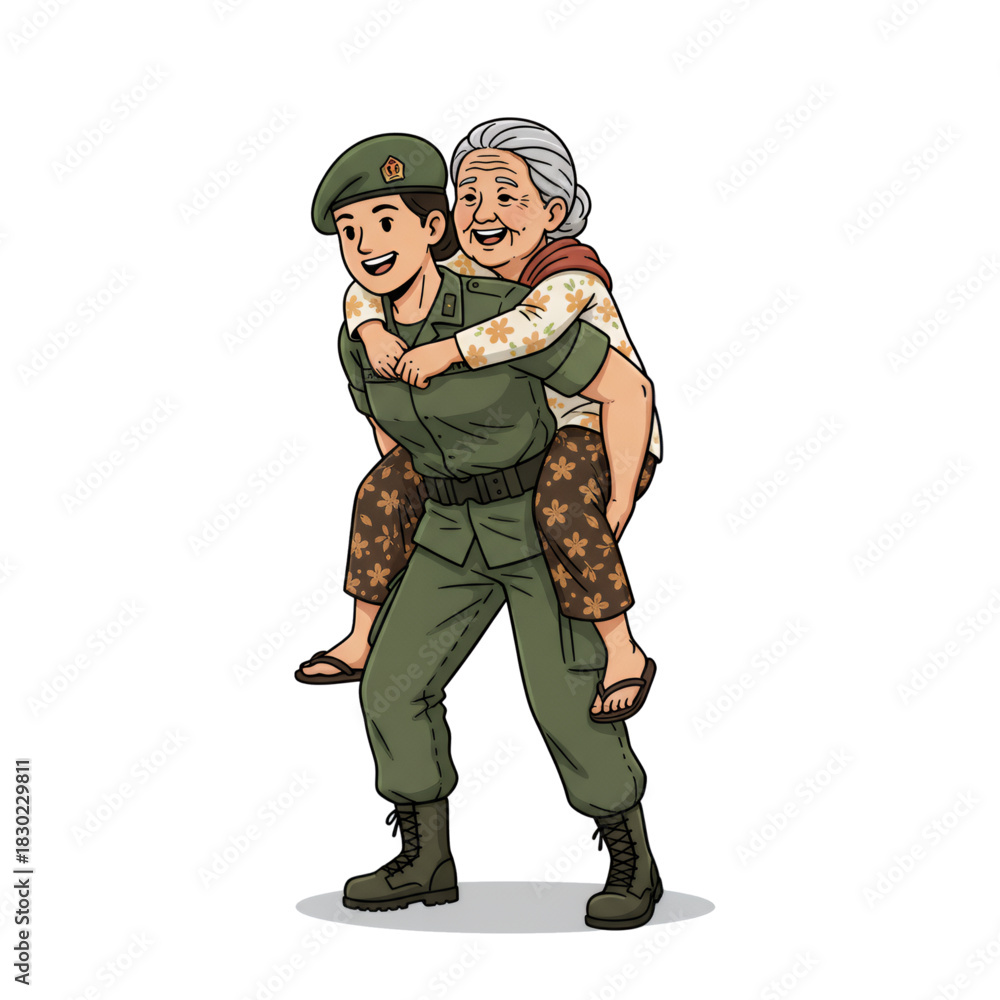 Fototapeta premium a female soldier carrying an old grandmother.white background.
