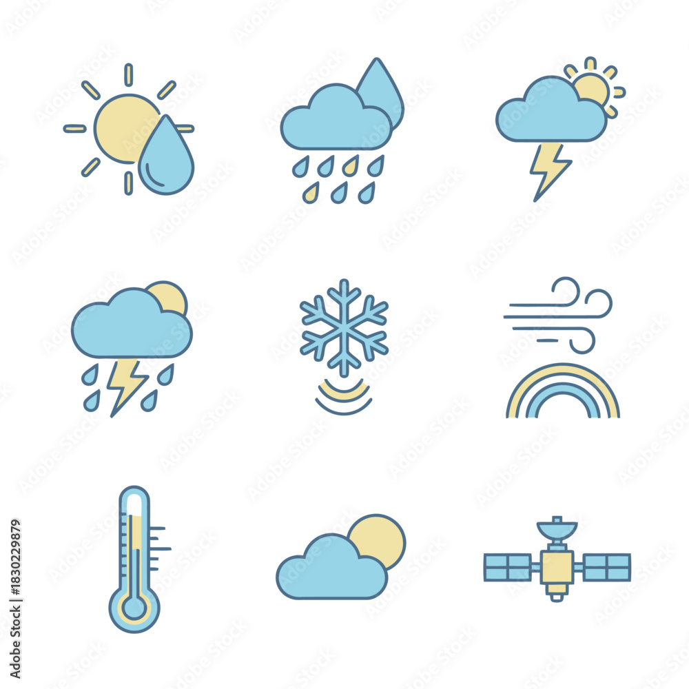 Fototapeta premium Weather Forecast and Meteorology Line Icon Set with Sun, Rain, Snow, and Satellite Symbols