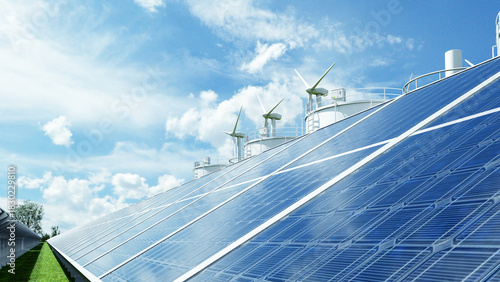 A modern renewable energy facility featuring solar panels, wind turbines, and clean hydrogen energy infrastructure under a bright blue sky- 3D rendering