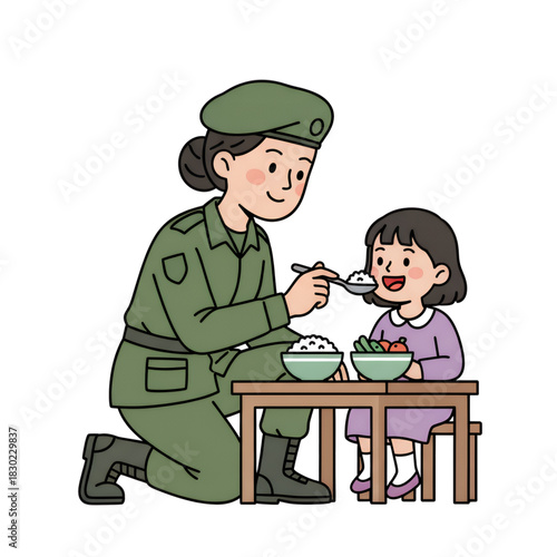 Illustration of a female soldier feeding a small child. Isolated on a white background.