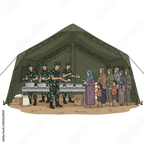 Illustration of soldiers providing assistance to the community. Isolated on a white background.