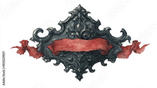 Decorated gothic black Christmas frame with red lace accents, intricate watercolor details, isolated on white background, festive holiday design with elegant Victorian style and ornamental patterns.