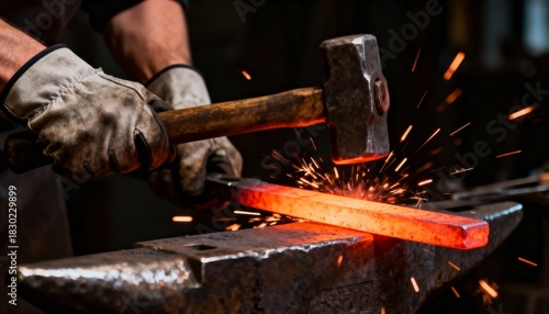 Close-up of a blacksmith striking a glowing hot metal bar on an anvil, generating fiery sparks.