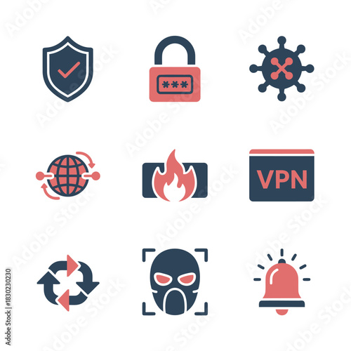 Cybersecurity and Digital Protection Icon Set with Shield, Firewall, VPN, and Virus Threat Symbols