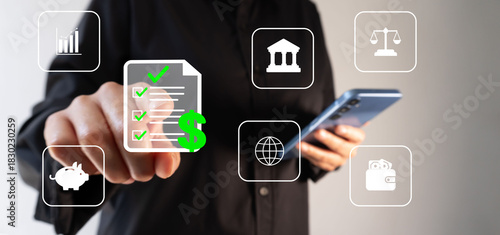 Financial analysis. A businesswoman points to a document with a checklist and a money symbol; financial icons surround it.