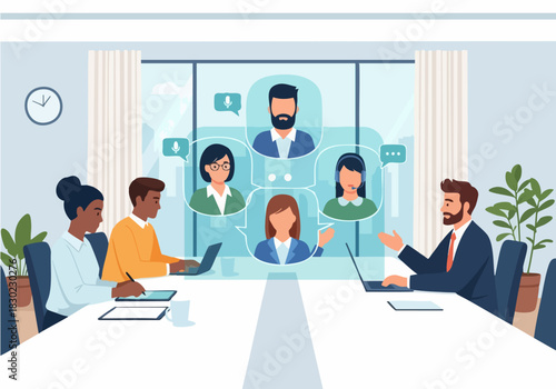 A professional corporate team of smiling businesspeople and executives engages in collaborative teamwork during an office meeting using a laptop and computer at a conference table