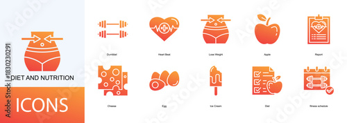 diet and nutrition icon collection set. Containing Dumbbel, Heart Beat, Lose Weight, Apple, Report, Cheese icon