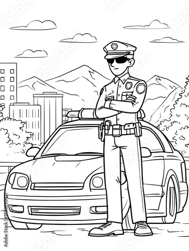 Police standing next to car coloring page