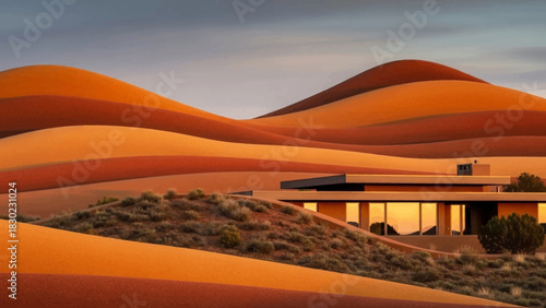 A modern architectural home nestled within rolling orange desert dunes at sunset.