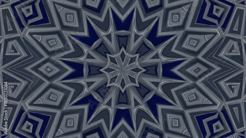 Abstract geometric pattern with starburst and diamond shapes in blue and gray.