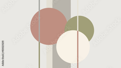 Abstract geometric composition with overlapping circles and vertical lines in a muted color palette.