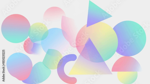 An abstract composition of overlapping translucent geometric shapes with soft pastel gradients on a light background.