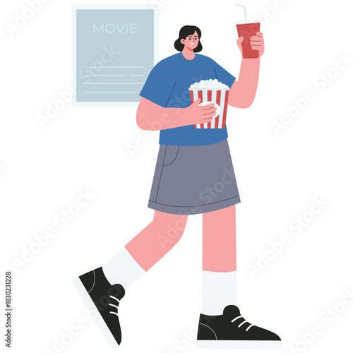 Cinema Illustration. Vector illustration of Girl carrying popcorn and soda in the lobby, heading to the movie hall for the show. Isolated on background