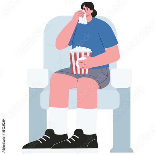 Cinema Illustration. Vector illustration of Woman wiping tears while watching a touching film, holding popcorn in a comfy cinema seat. Isolated on background