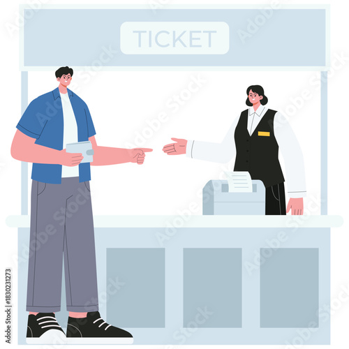 Cinema Illustration. Vector illustration of Customer purchasing tickets at the cinema booth with cashier ready to assist. Isolated on background