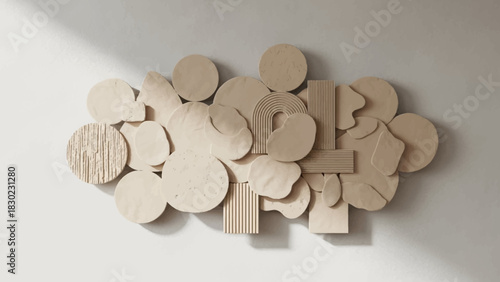 Abstract wall art made of wooden geometric shapes.