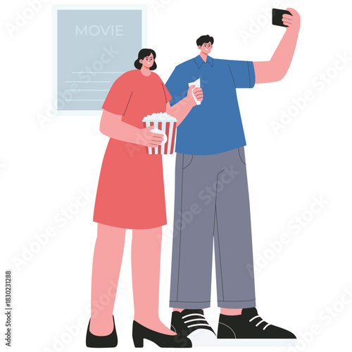 Cinema Illustration. Vector illustration of Couple taking a selfie with popcorn and tickets before entering the movie theater. Isolated on background