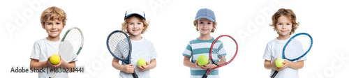 Four young boys holding tennis rackets and balls.