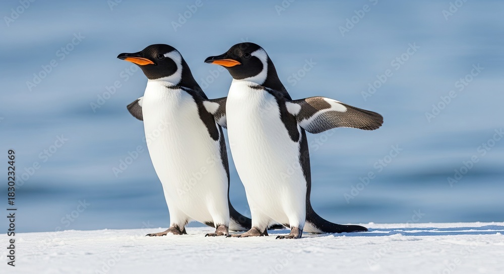 Obraz premium Two penguins standing on a snowy surface with their wings spread.