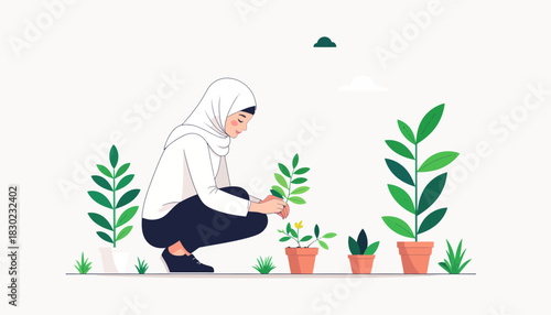 Muslim woman gently tending to her flourishing potted plants, bringing life and serenity to indoor gardening hobby, embodying growth and care