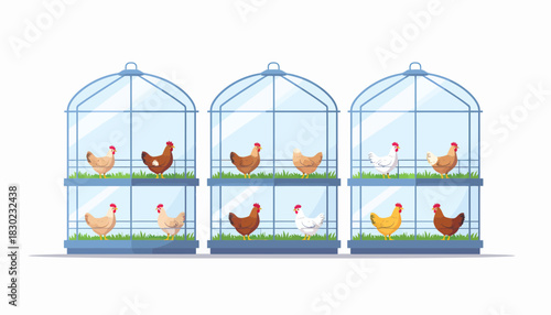 Colorful chickens comfortably housed in modern, tiered coops, a delightful farmyard scene ideal for agricultural education and sustainable farming concepts